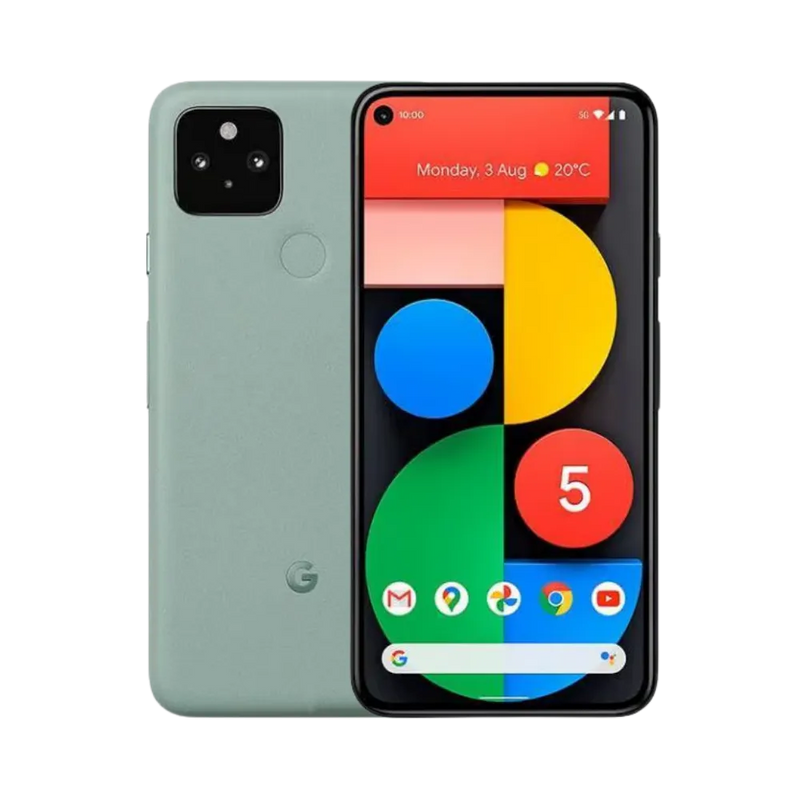 Google Pixel 5 vert sauge, affiché de face et dos. Réparation écran cassé, batterie faible ou appareil photo abîmé chez iTelier Lyon. Service rapide et garanti 12 mois.