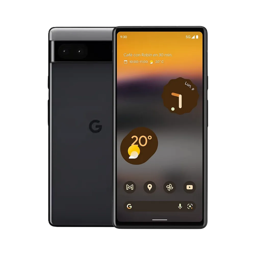 Google Pixel 6a noir, vue de face et dos. Réparation rapide chez iTelier Lyon : écran cassé, batterie usée, caméra abîmée. Diagnostic offert et pièces garanties 12 mois.