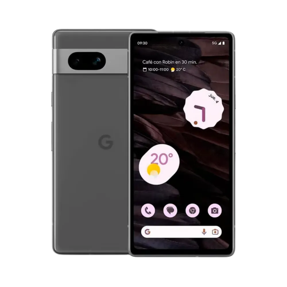 Vue de face et dos du Pixel 7a noir. Réparation rapide chez iTelier Lyon : écran cassé, batterie faible, caméra ou vitre arrière. Pièces garanties un an, diagnostic offert.