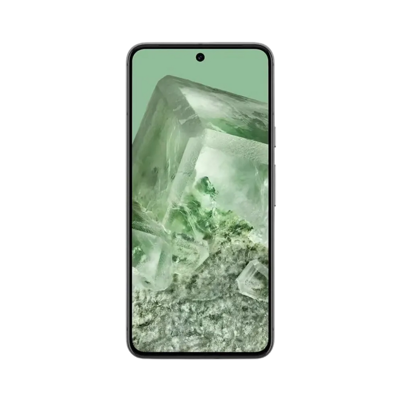 Google Pixel 8 avec écran allumé et fond vert minéral. Réparation écran cassé, tactile HS ou OLED noir par les techniciens iTelier Lyon. Service pro, sécurisé et rapide.