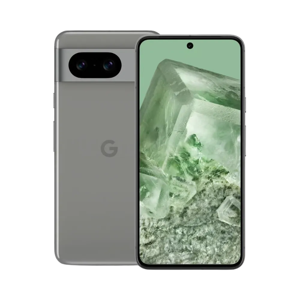 Vue de face et dos du Pixel 8 gris-vert. Réparation rapide chez iTelier Lyon : écran fissuré, batterie à changer, caméra abîmée. Diagnostic gratuit, pièces garanties 1 an, service express.