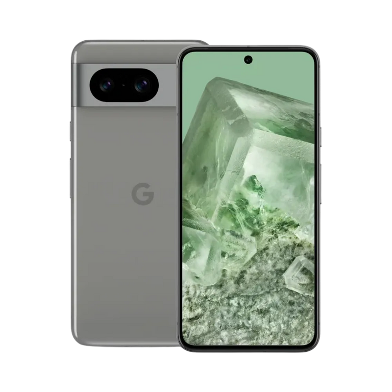 Vue de face et dos du Pixel 8 gris-vert. Réparation rapide chez iTelier Lyon : écran fissuré, batterie à changer, caméra abîmée. Diagnostic gratuit, pièces garanties 1 an, service express.