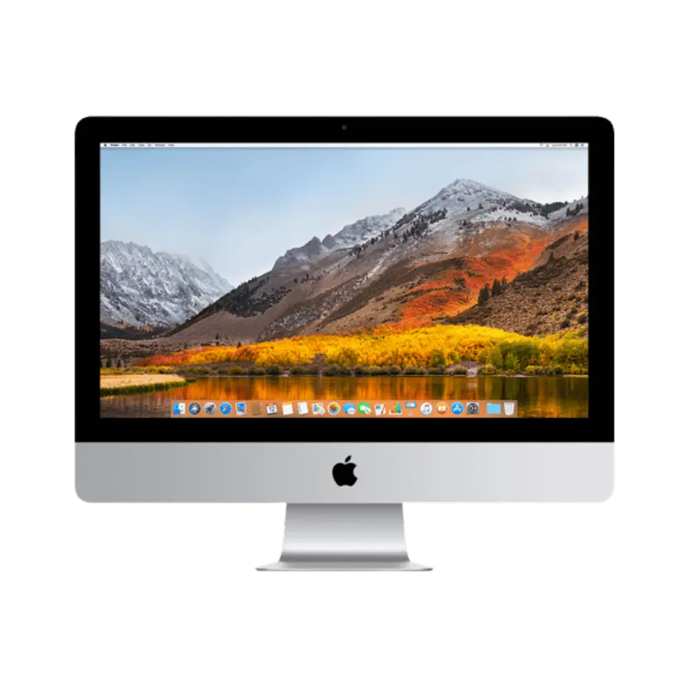 iMac 21,5 pouces 2017 (A1418) avec écran allumé. Réparation rapide chez iTelier Lyon : écran, SSD, barrette RAM ou alimentation. Diagnostic gratuit et pièces garanties.