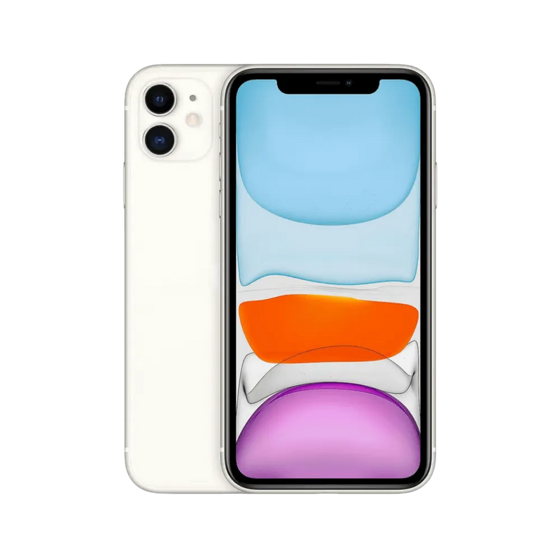 iPhone 11 blanc affiché de face et de dos. Réparation écran LCD, dos fissuré ou batterie chez iTelier à Lyon. Garantie 12 mois incluse.
