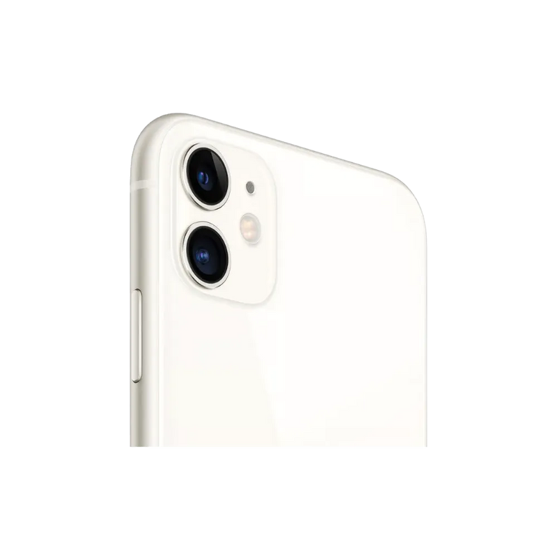 Zoom oblique sur les caméras arrière iPhone 11 blanc. Réparation capteur flou ou rayé chez iTelier Lyon. Service express.