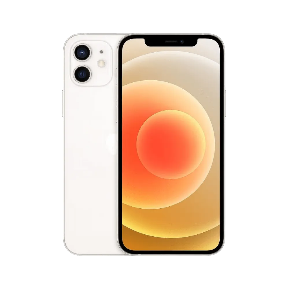 iPhone 12 blanc, affiché de face et de dos. Réparation d’écran OLED, changement de batterie ou coque arrière chez iTelier à Lyon.