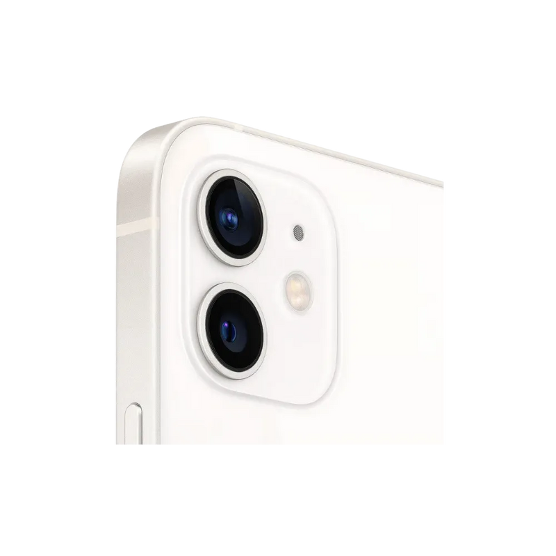 iPhone 12 blanc vu de profil avec son écran bord à bord. Réparation écran ou batterie disponible chez iTelier à Lyon. Diagnostic offert.