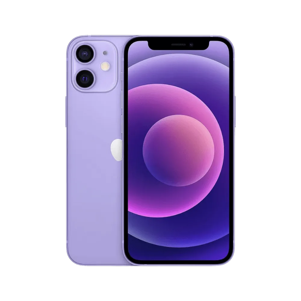 iPhone 12 mini violet vu de face et de dos. Réparation express d’écran OLED ou batterie défectueuse chez iTelier à Lyon. Garantie 1 an.