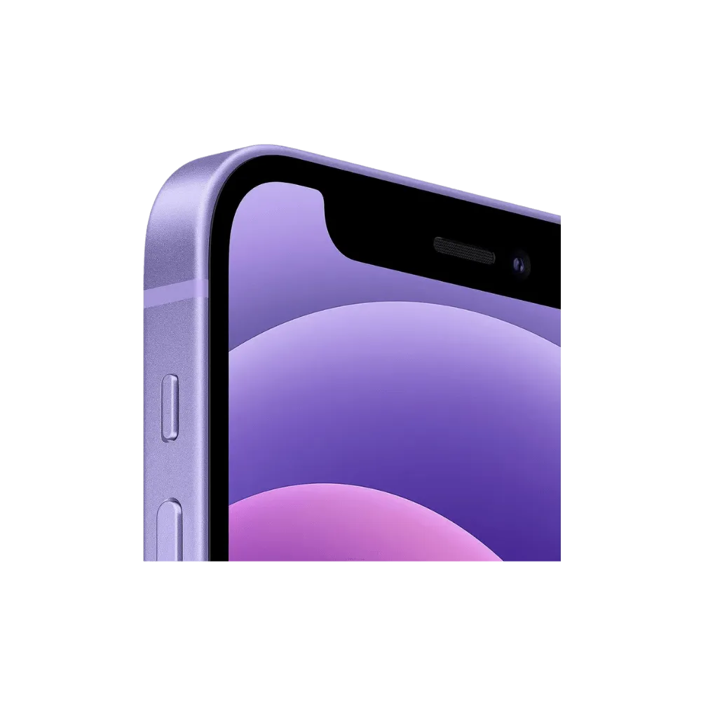 Zoom sur les bords incurvés de l’écran de l’iPhone 12 mini violet. Remplacement écran ou façade avant chez iTelier Lyon. Diagnostic gratuit.
