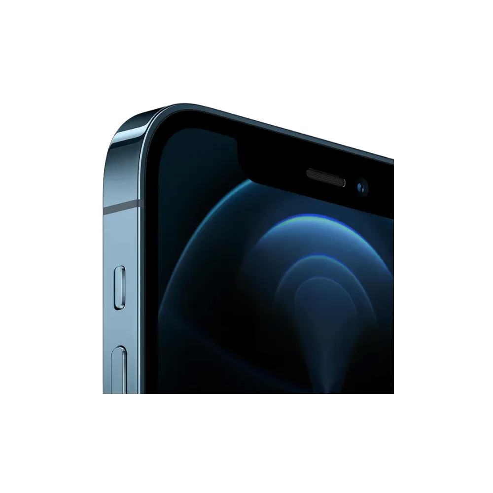 iPhone 12 Pro bleu en vue angle avec module caméra visible. Réparation caméra arrière, vitre ou châssis abîmé chez iTelier à Lyon.