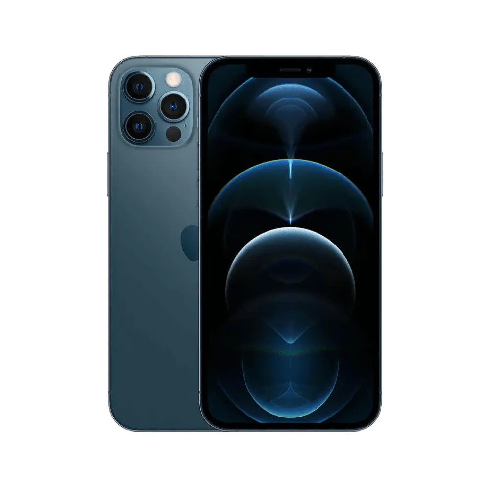 iPhone 12 Pro bleu pacifique vu de face et de dos. Réparation écran OLED, batterie ou vitre arrière chez iTelier Lyon. Garantie 12 mois offerte.
