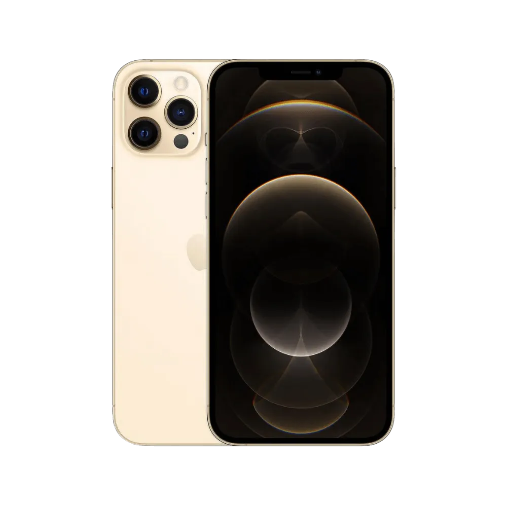 iPhone 12 Pro Max coloris or vu de face et de dos. Réparation écran Super Retina XDR ou batterie chez iTelier Lyon. Garantie 12 mois incluse.