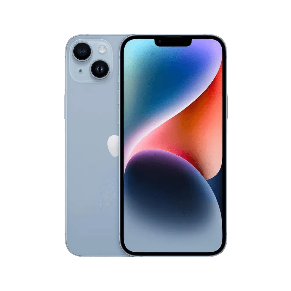 iPhone 14 Plus bleu, vue avant et arrière. Réparation écran ou vitre arrière chez iTelier à Lyon, Caluire-et-Cuire ou Tassin-la-Demi-Lune.