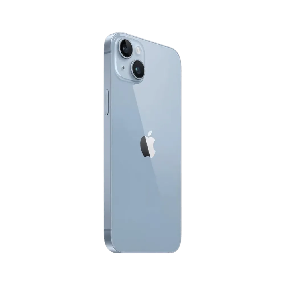 Vue arrière en angle iPhone 14 Plus. Réparation vitre arrière ou lentilles caméra à Lyon, Neuville-sur-Saône ou Saint-Genis-les-Ollières.