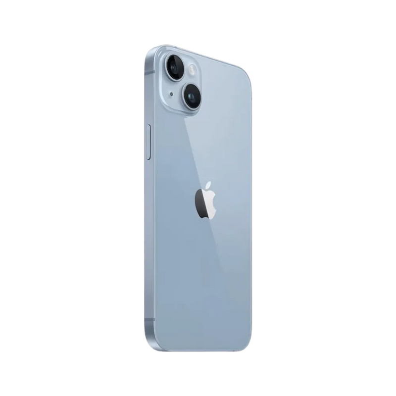 Vue arrière en angle iPhone 14 Plus. Réparation vitre arrière ou lentilles caméra à Lyon, Neuville-sur-Saône ou Saint-Genis-les-Ollières.