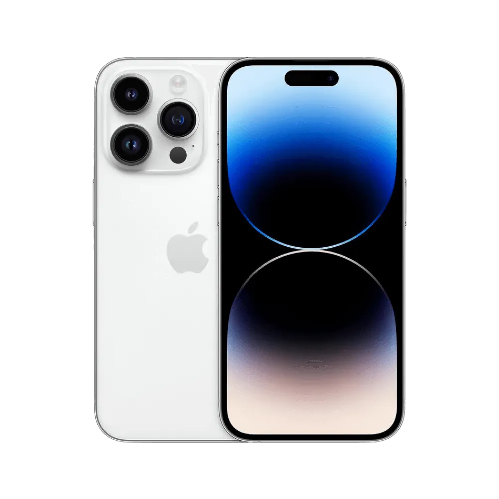 Face avant et arrière de l’iPhone 14 Pro argent. Réparation haut de gamme chez iTelier Lyon : écran OLED, batterie, vitre ou appareil photo.