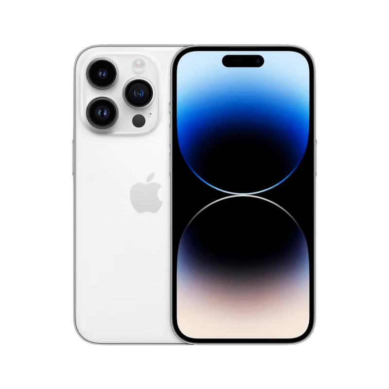 Face avant et arrière de l’iPhone 14 Pro argent. Réparation haut de gamme chez iTelier Lyon : écran OLED, batterie, vitre ou appareil photo.