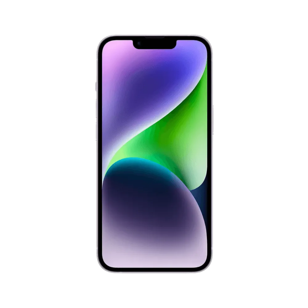 Écran allumé de l’iPhone 14 violet. Réparation écran fissuré ou tactile défectueux. Disponible à Lyon, Rillieux-la-Pape ou Feyzin.