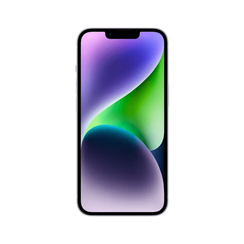 Écran allumé de l’iPhone 14 violet. Réparation écran fissuré ou tactile défectueux. Disponible à Lyon, Rillieux-la-Pape ou Feyzin.