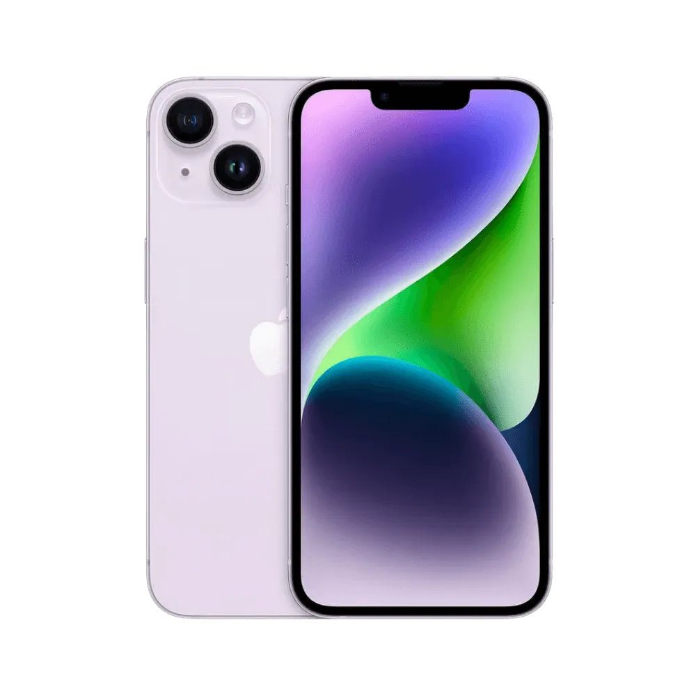 Vue avant et arrière de l’iPhone 14 violet. Réparation rapide écran OLED, batterie, vitre arrière ou caméra chez iTelier à Lyon.