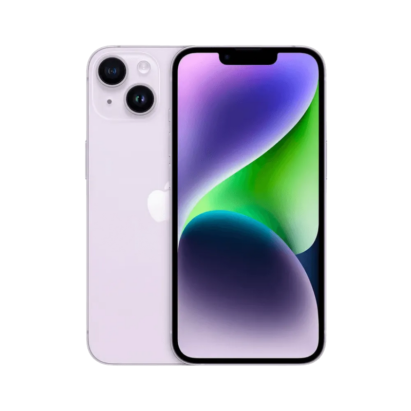 Vue avant et arrière de l’iPhone 14 violet. Réparation rapide écran OLED, batterie, vitre arrière ou caméra chez iTelier à Lyon.
