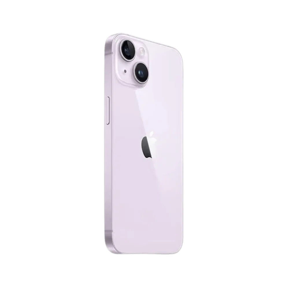 iPhone 14 violet vu de dos en angle. Réparation vitre arrière, lentille caméra ou coque abîmée chez iTelier à Tassin, Écully, Saint-Fons.