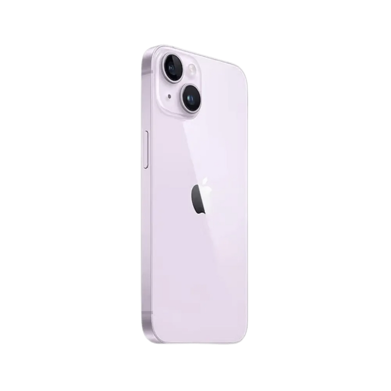 iPhone 14 violet vu de dos en angle. Réparation vitre arrière, lentille caméra ou coque abîmée chez iTelier à Tassin, Écully, Saint-Fons.