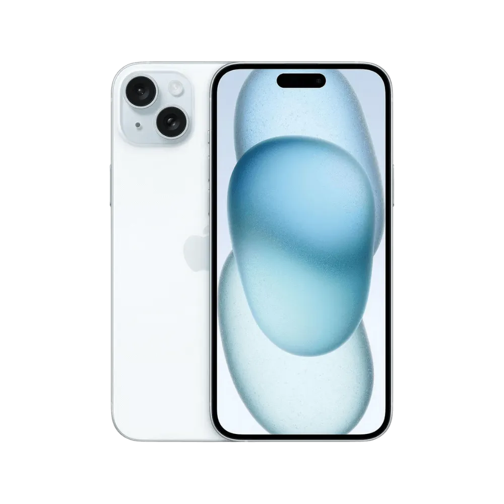 iPhone 15 Plus blanc, affiché de face et de dos. Réparation écran ou vitre arrière garantie 12 mois chez iTelier Lyon, Sainte-Foy-lès-Lyon ou Tassin.