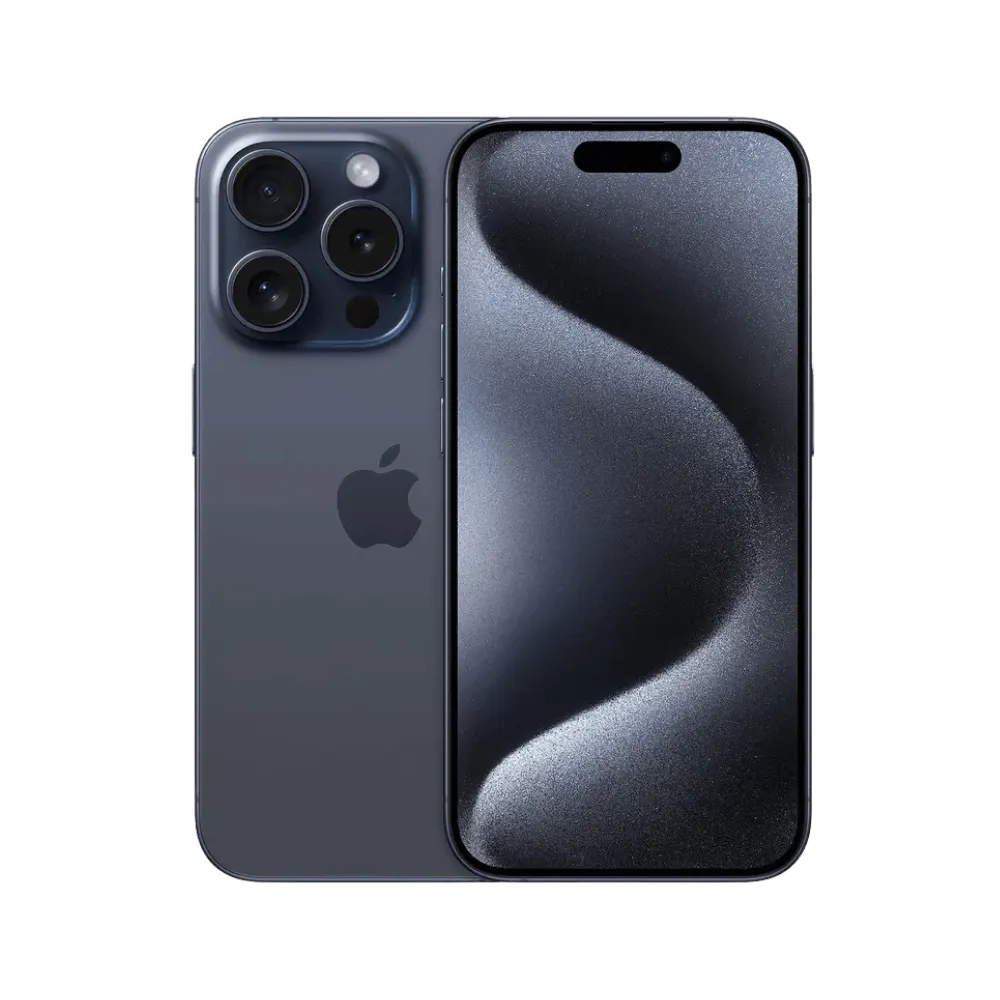 iPhone 15 Pro bleu sidéral, vu de face et de dos. Réparation express écran ou vitre arrière chez iTelier à Lyon, Écully ou Charbonnières-les-Bains.
