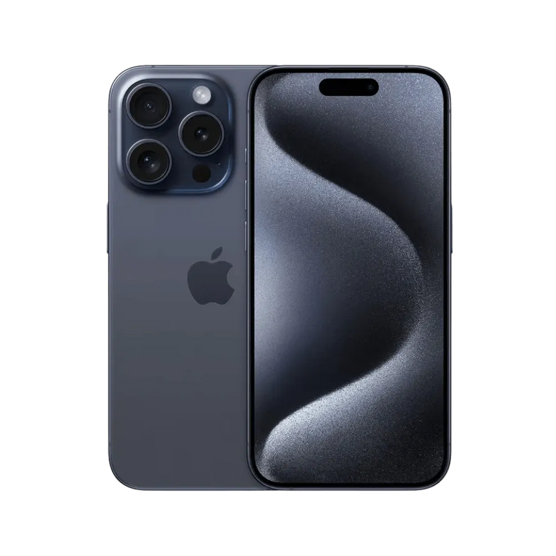 iPhone 15 Pro bleu sidéral, vu de face et de dos. Réparation express écran ou vitre arrière chez iTelier à Lyon, Écully ou Charbonnières-les-Bains.