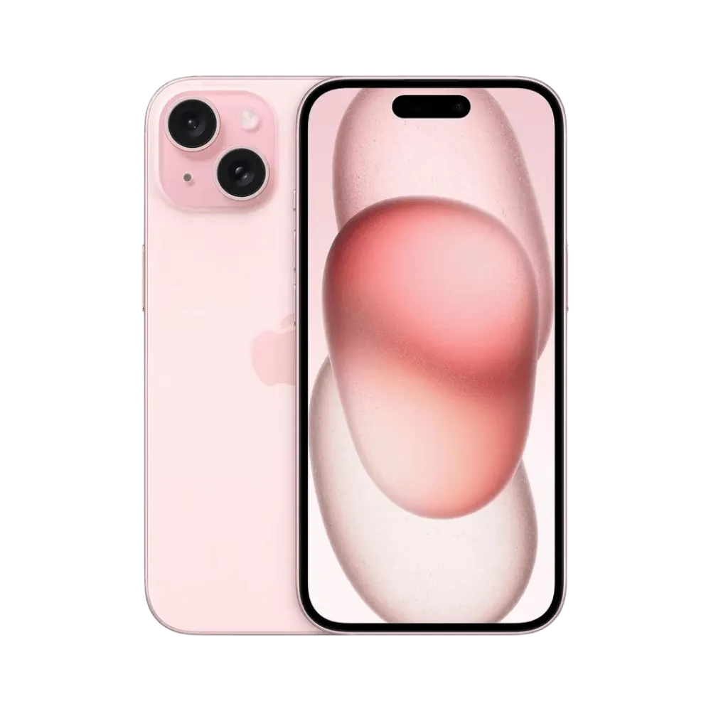 iPhone 15 rose clair vu de face et de dos. Réparation rapide écran ou vitre arrière chez iTelier à Lyon, Dardilly ou Saint-Didier-au-Mont-d'Or.