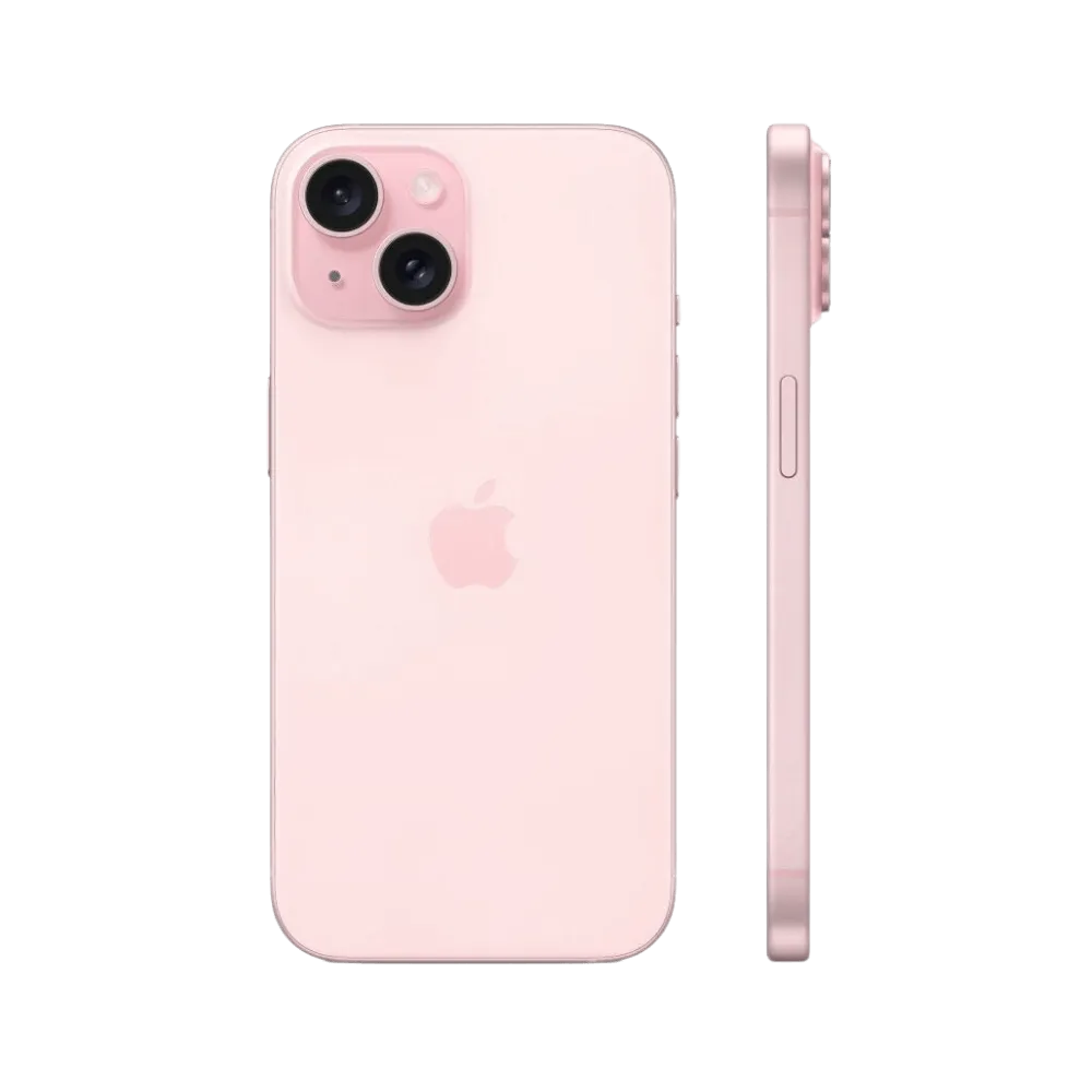 Profil latéral de l’iPhone 15 rose. Réparation bouton, châssis ou connecteur chez iTelier à Lyon, Grézieu-la-Varenne ou Saint-Genis-Laval.