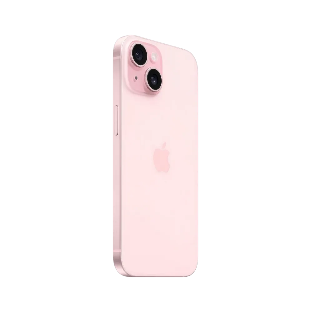 Dos incliné de l’iPhone 15 rose. Réparation vitre arrière ou module caméra chez iTelier à Lyon, Tassin-la-Demi-Lune ou Brignais.