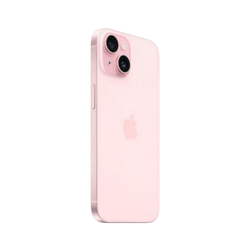 Dos incliné de l’iPhone 15 rose. Réparation vitre arrière ou module caméra chez iTelier à Lyon, Tassin-la-Demi-Lune ou Brignais.