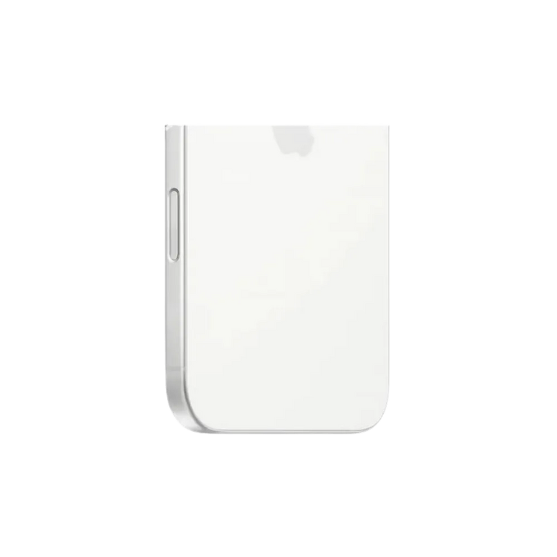 iPhone 16 Plus blanc posé à plat. Réparation vitre arrière ou châssis chez iTelier à Lyon, Grézieu ou Saint-Genis-Laval.