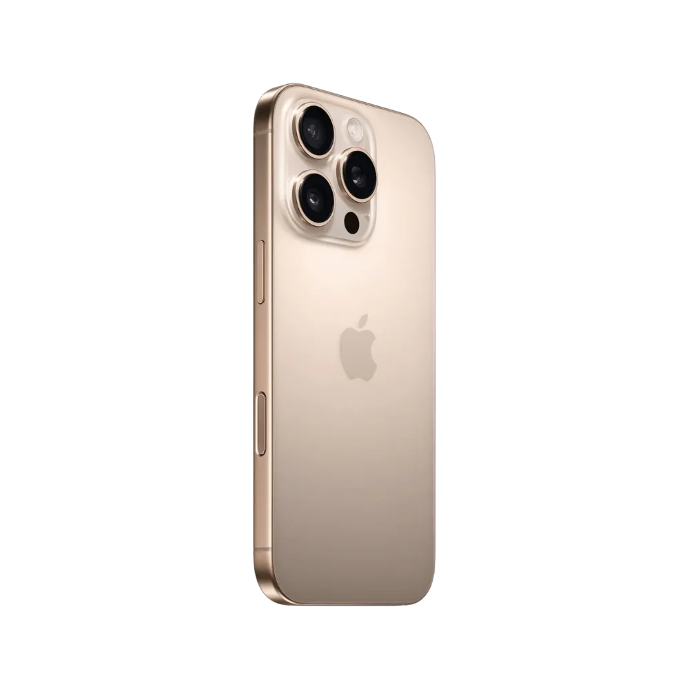 Vue verticale du dos de l’iPhone 16 Pro doré. Remplacement vitre arrière ou châssis premium à Lyon, Sainte-Foy-lès-Lyon ou Dardilly.
