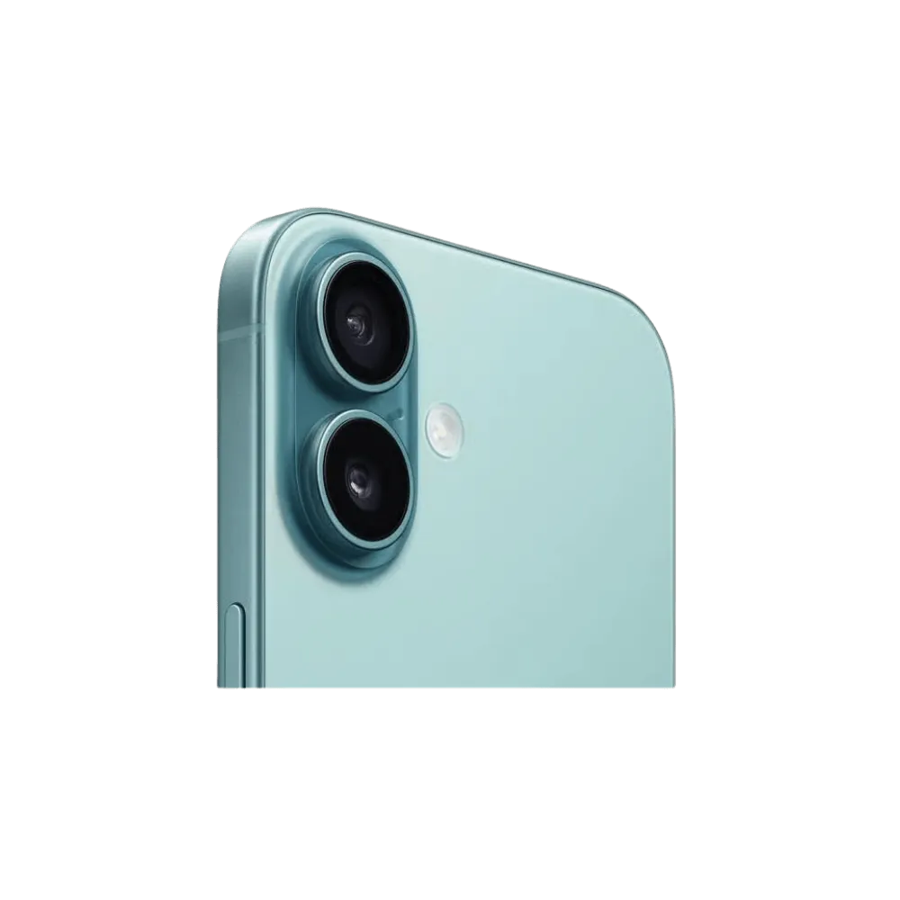 Gros plan sur la double caméra de l’iPhone 16 vert. Réparation capteur ou lentille à Lyon, Tassin-la-Demi-Lune ou Saint-Priest.