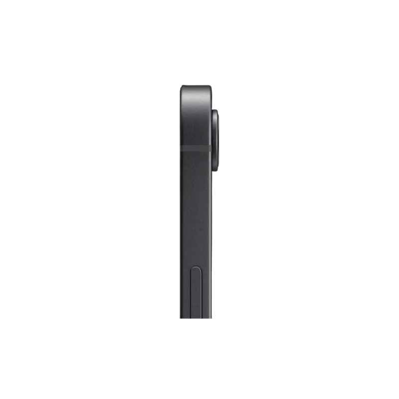 Profil droit de l’iPhone 16e noir. Réparation châssis tordu ou connecteur chez iTelier Lyon, Caluire ou Francheville.