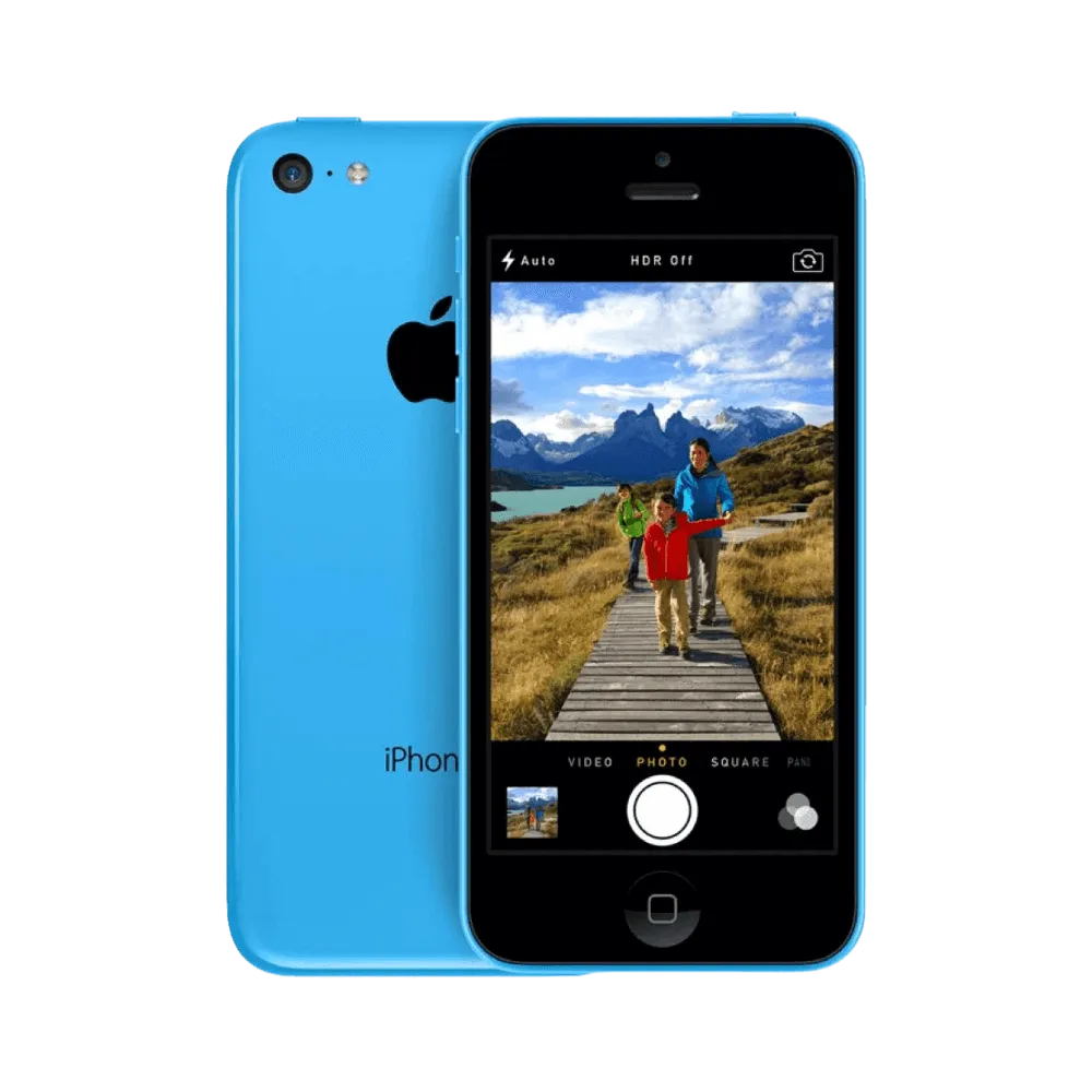 iPhone 5C bleu vue avant et arrière. Réparation écran et batterie garantie chez iTelier à Lyon. Diagnostic gratuit, envoi possible depuis toute la France.