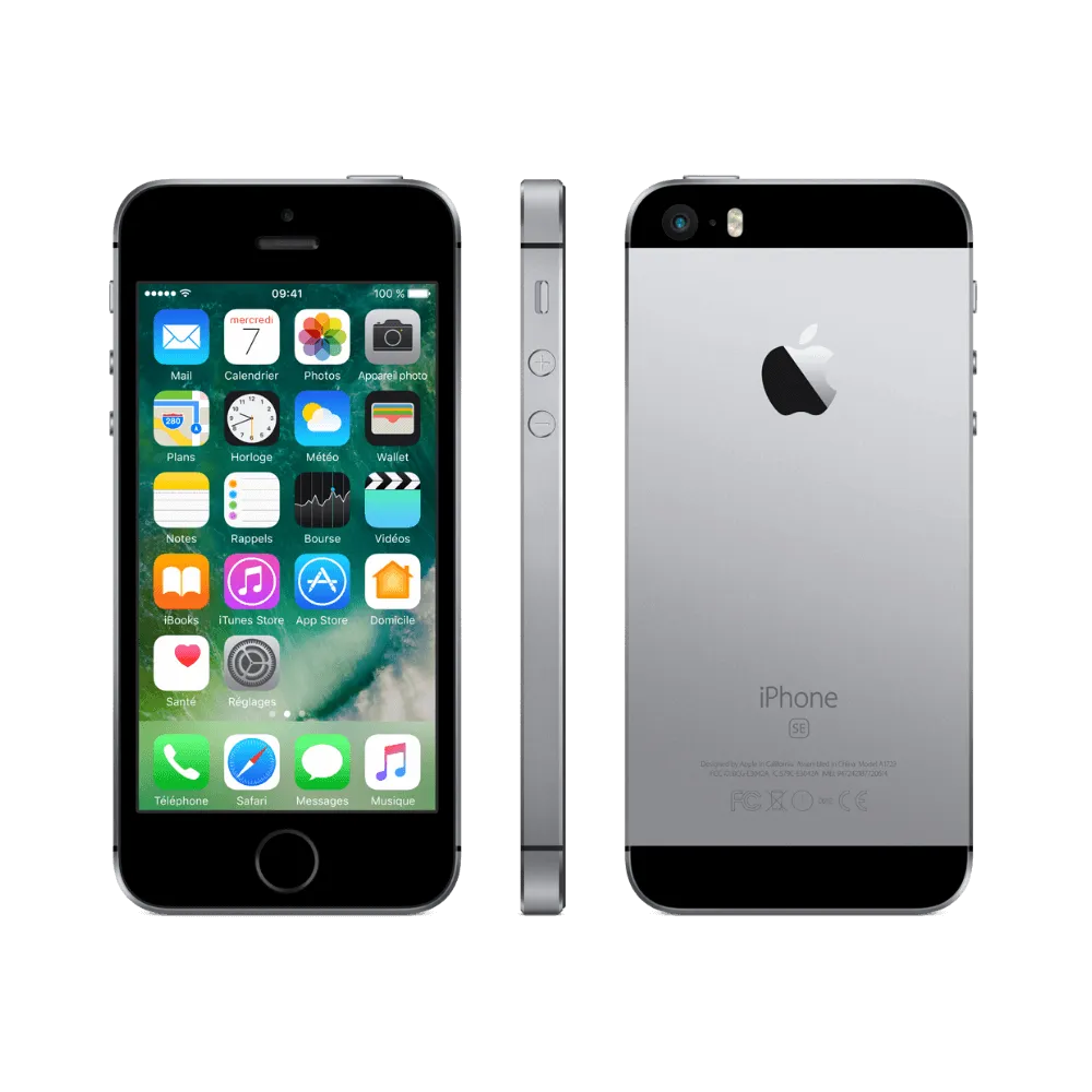iPhone SE 2016 en double vue avant et profil. Réparation écran, batterie ou connecteur lightning. iTelier Lyon, service fiable et garanti.