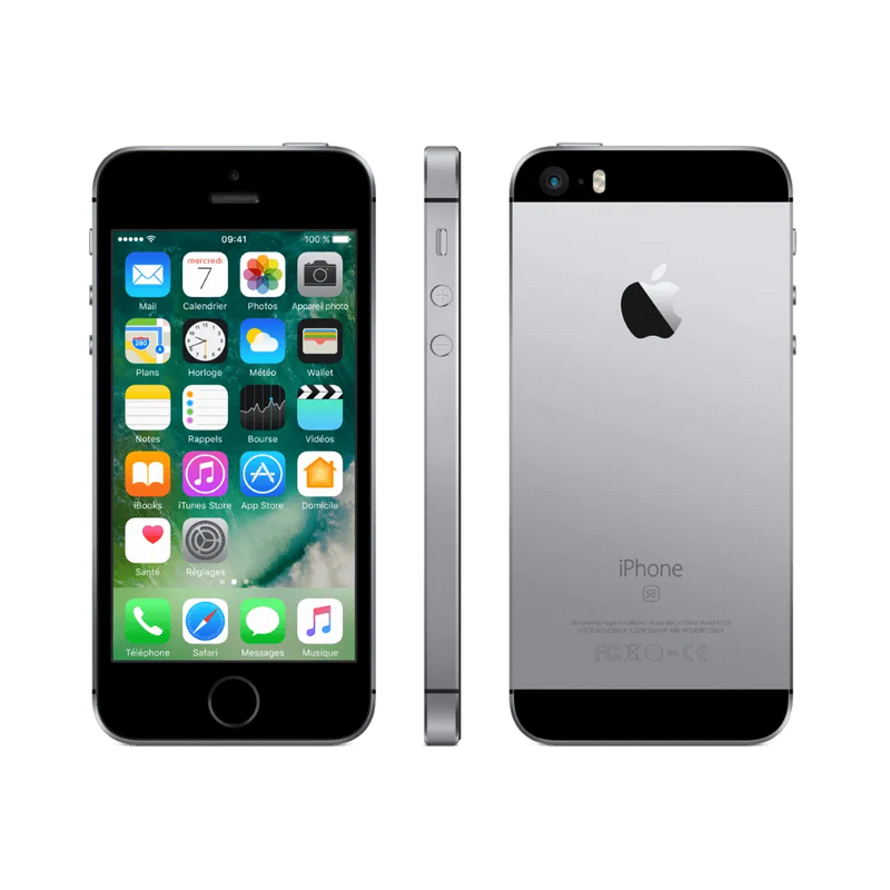 iPhone SE 2016 en double vue avant et profil. Réparation écran, batterie ou connecteur lightning. iTelier Lyon, service fiable et garanti.