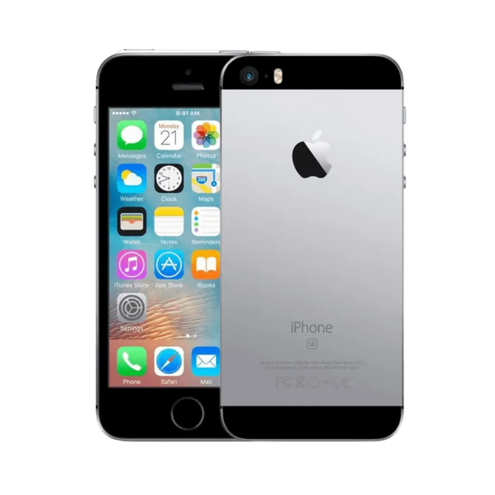 iPhone SE 2016 gris sidéral, vue avant et arrière. Réparation rapide chez iTelier Lyon : écran fissuré ou batterie usée ? Diagnostic offert, garantie 1 an.