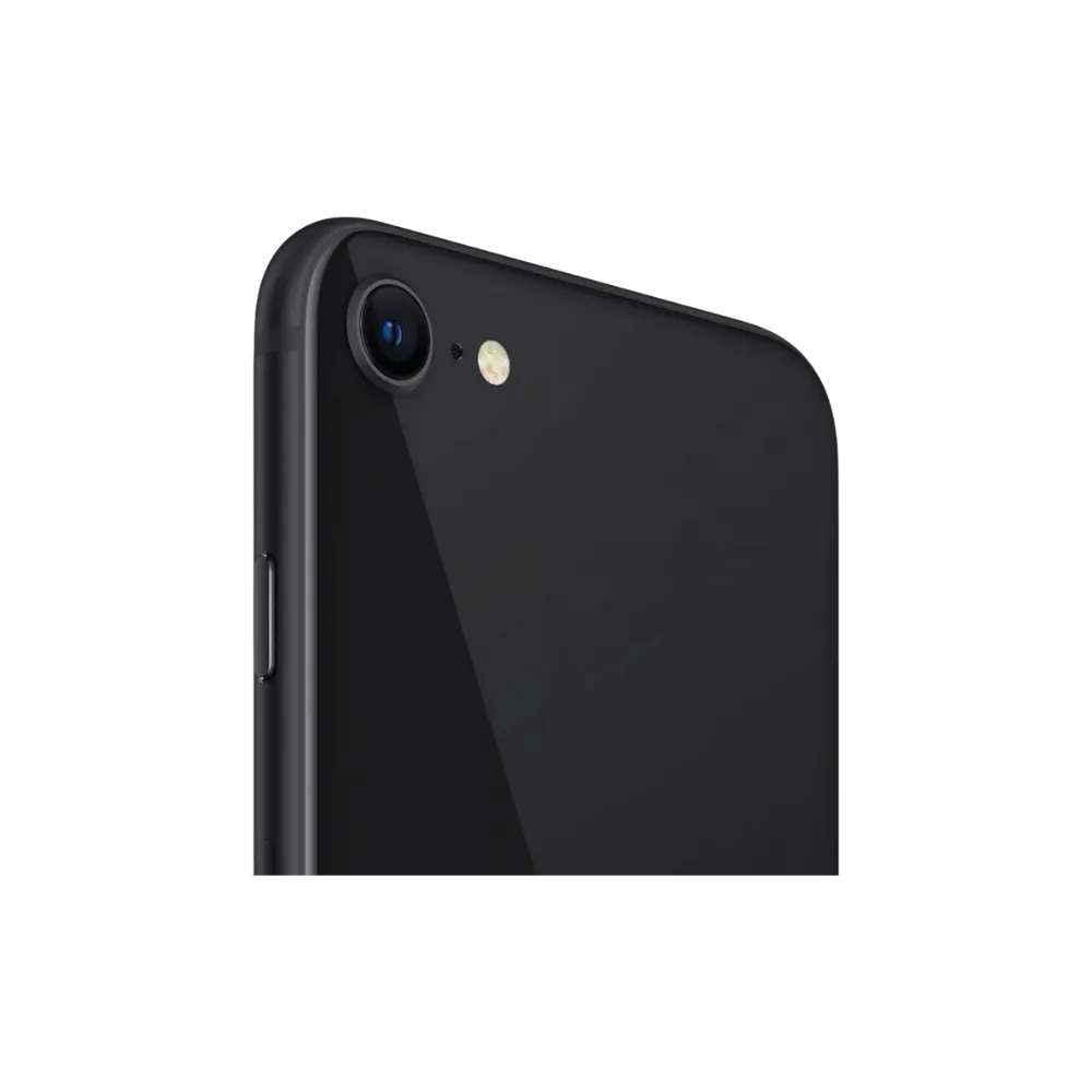 Zoom sur le coin supérieur de l’iPhone SE 2020. Réparation caméra ou vitre cassée chez iTelier Lyon. Service fiable, rapide et garanti.