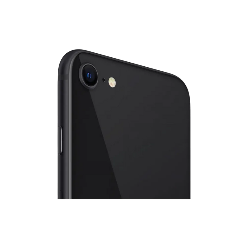 Zoom sur le coin supérieur de l’iPhone SE 2020. Réparation caméra ou vitre cassée chez iTelier Lyon. Service fiable, rapide et garanti.