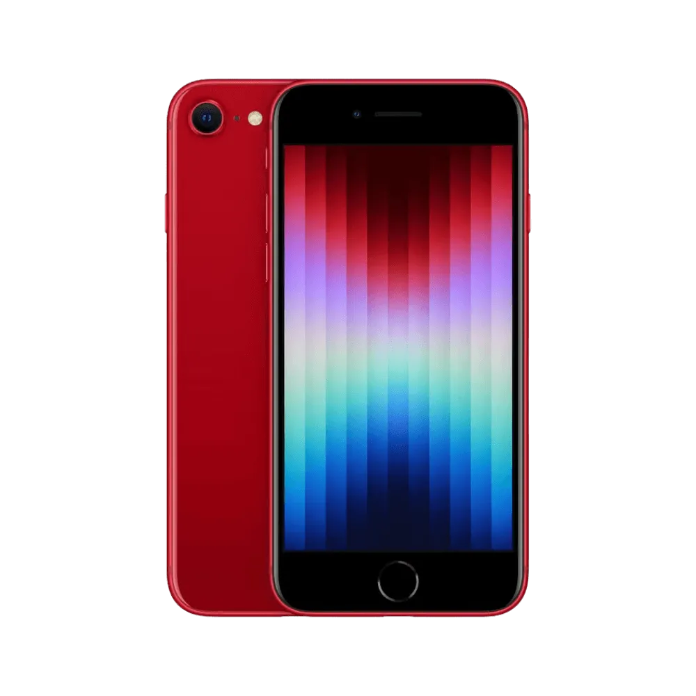 iPhone SE 2022 (Product Red) vue avant et arrière. Réparation à Lyon chez iTelier : écran, batterie ou connecteur. Diagnostic offert et garantie 12 mois.