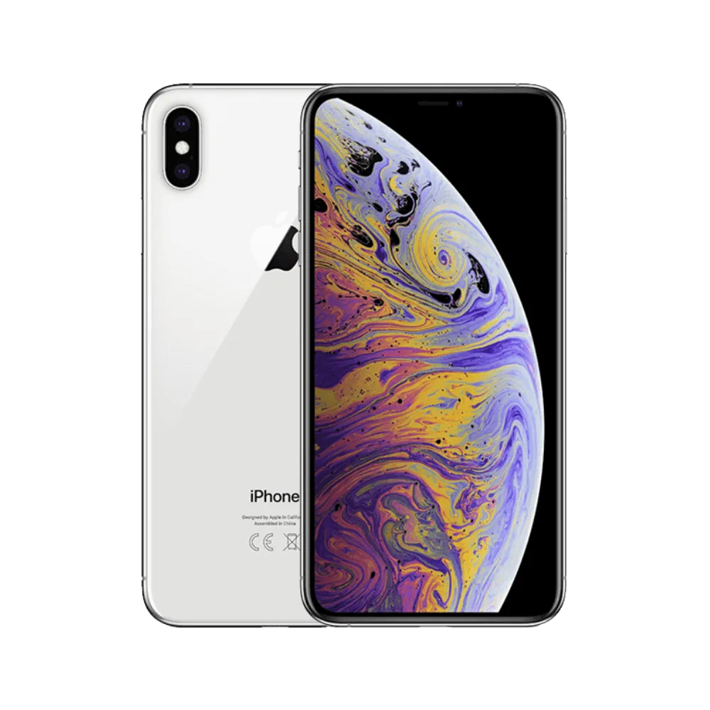 iPhone XS Max argent affiché de face et de dos. Réparation écran OLED géant ou dos en verre chez iTelier Lyon. Garantie 1 an.