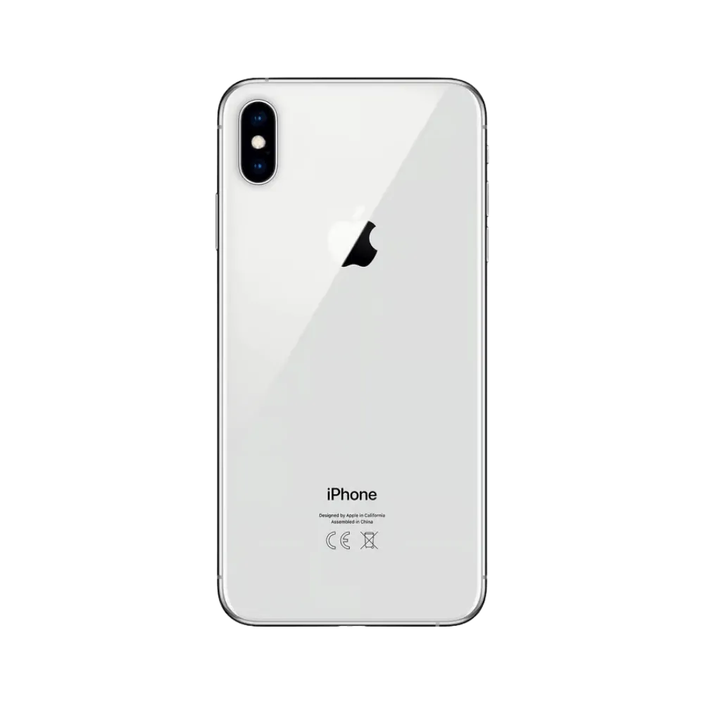 Vue arrière iPhone XS Max argent. Réparation vitre cassée, module photo ou châssis arrière chez iTelier Lyon. Service express.