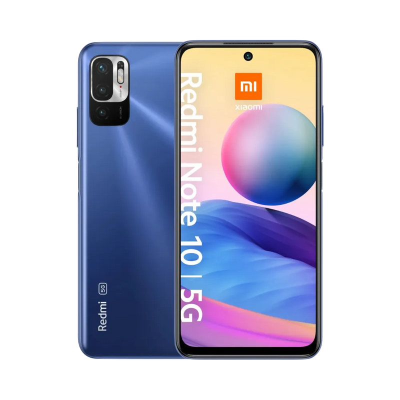 Redmi Note 10 5G bleu en vue avant et arrière — réparation écran, vitre arrière et batterie par iTelier Lyon, diagnostic gratuit, pièces d’origine garanties 1 an, service express et envoi national.