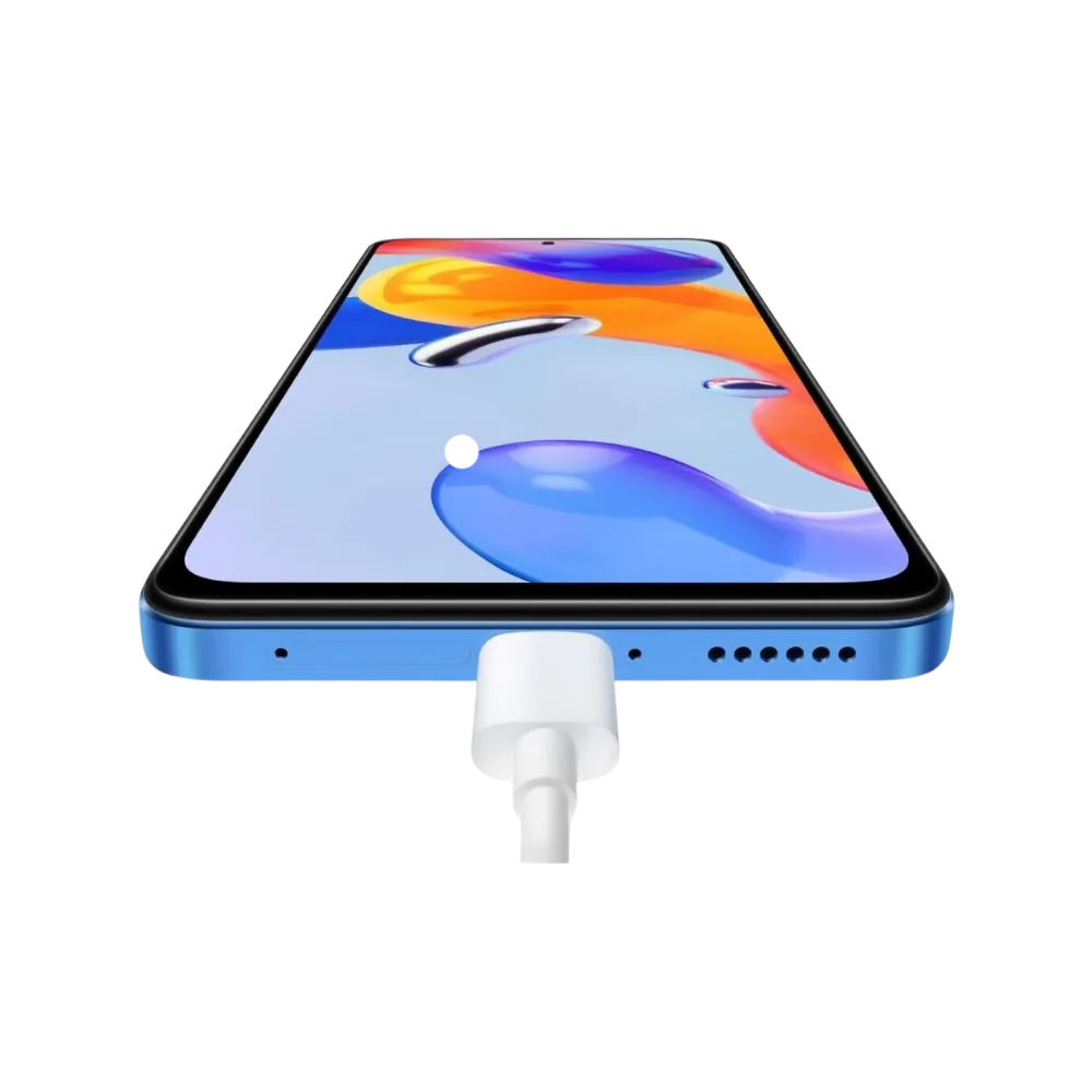 Bas du Redmi Note 11 Pro 5G avec câble USB-C branché — réparation connecteur de charge, remplacement micro ou haut-parleur chez iTelier Lyon, diagnostic gratuit, service express en boutique Lyon et envoi postal national.