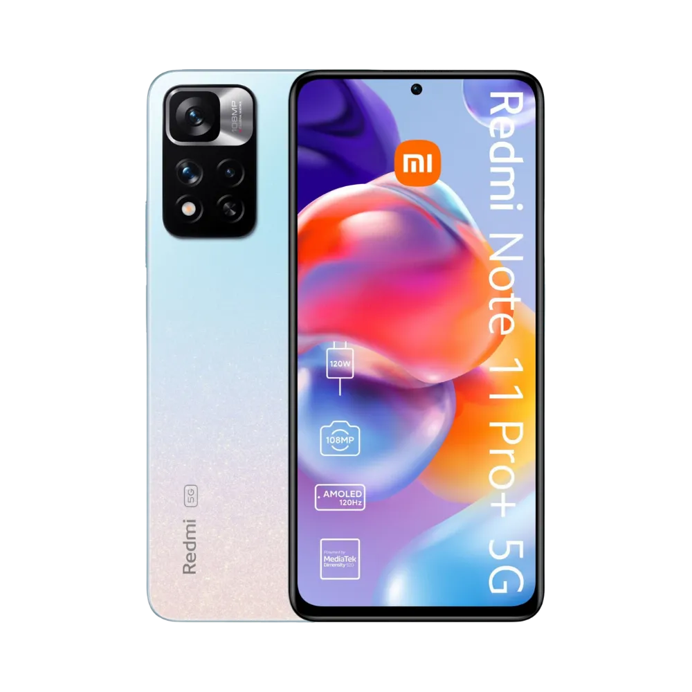 Redmi Note 11 Pro+ 5G en vue avant et arrière dégradé bleu — réparation écran AMOLED, vitre cassée, remplacement batterie et connecteur de charge par iTelier Lyon, diagnostic gratuit, garantie 12 mois, service en boutique Lyon 6 et par correspondance France entière.